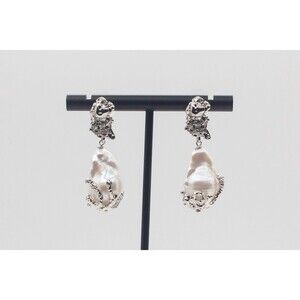 1.8” White Baroque Pearl Earrings Rhodium Plated Melt Design Studs